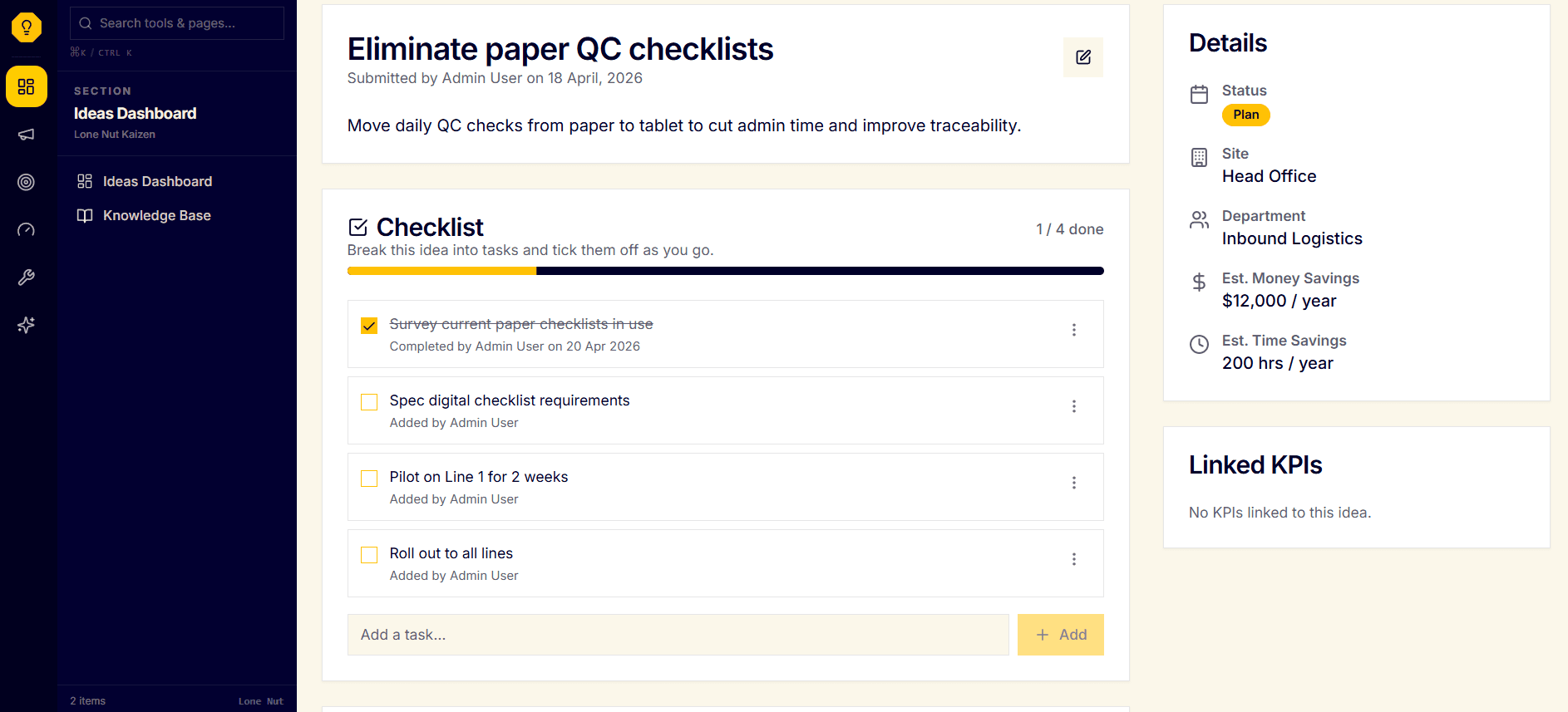 Idea Task Checklists screenshot