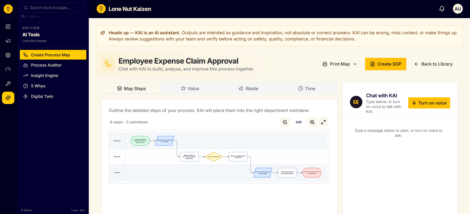 KAI, the voice AI assistant, building a process map through conversation